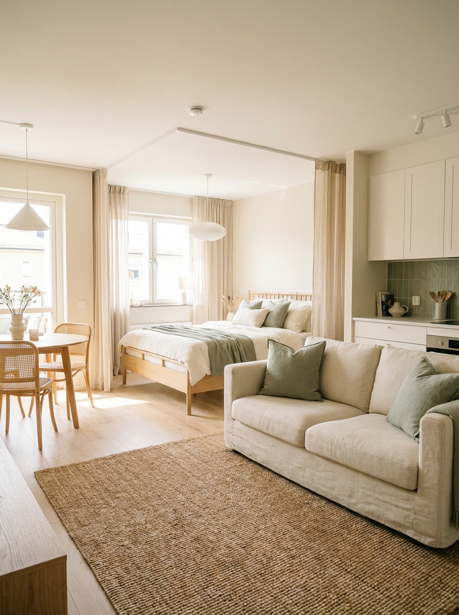 Studio apartment with consistent cream, beige, pale oak, muted sage, and warm white palette across bed, sofa, rug, curtains, and dining area