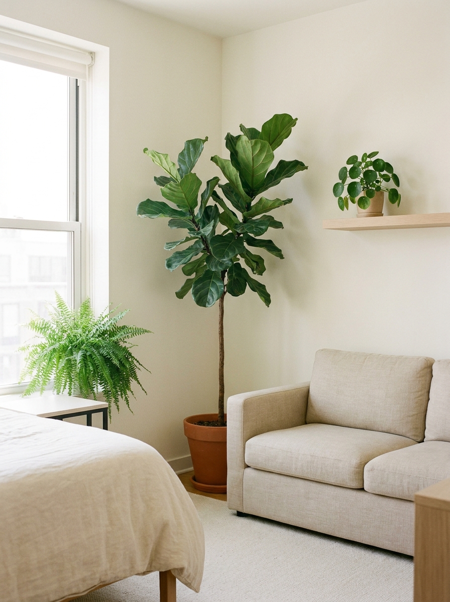 Small studio apartment styled with a few well-placed plants, compact sofa, bed area, and light neutral decor