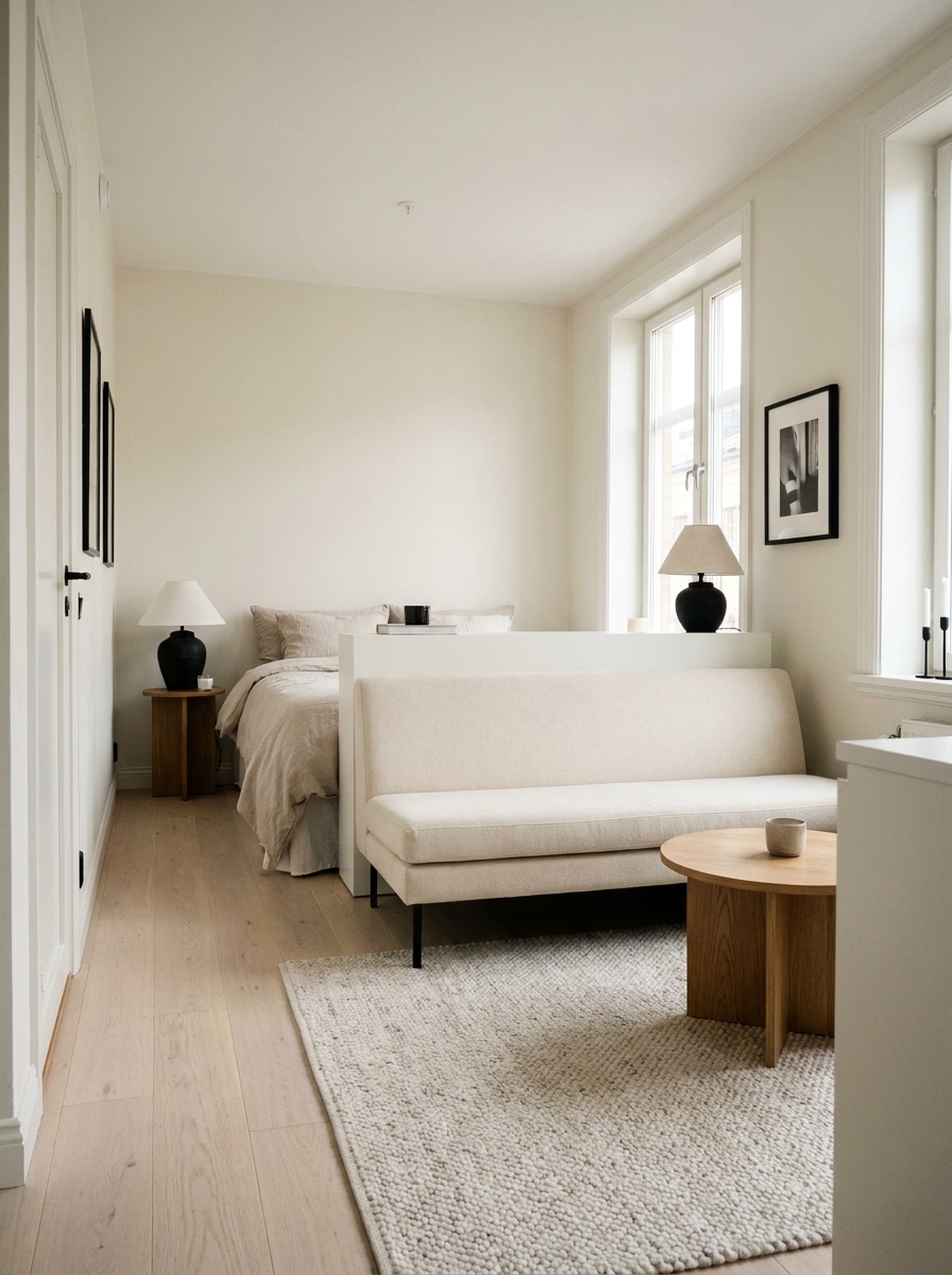 Small studio apartment where a low-back cream sofa separates the living area from the bed behind it