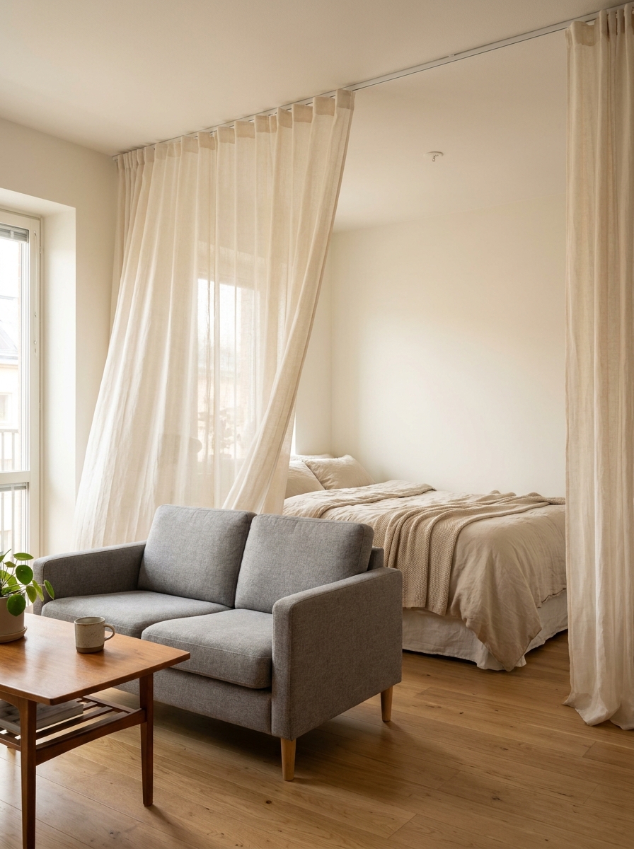 Studio apartment bed area separated by partially open cream linen curtains with living area in the foreground
