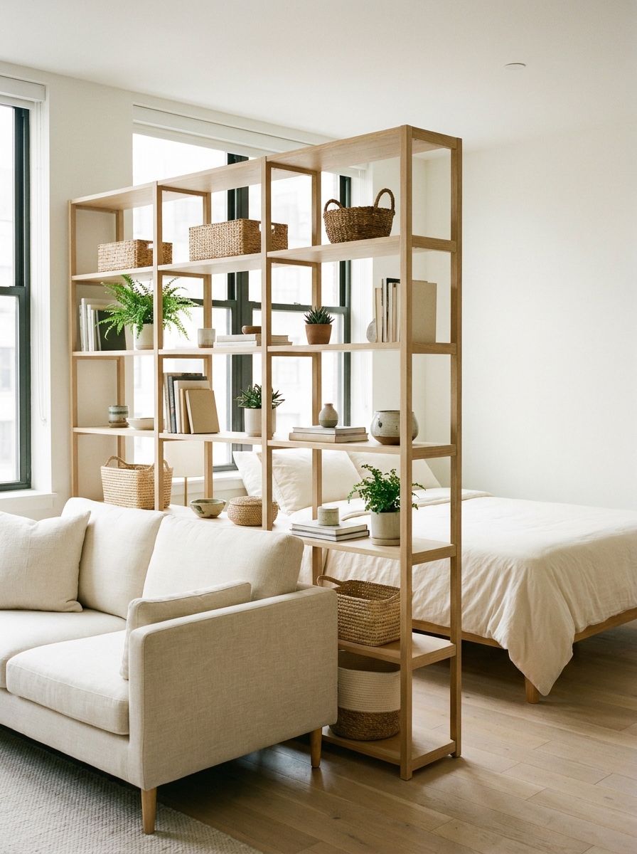 Studio apartment with open shelf room divider between bed and living area, styled with books, baskets, plants, and ceramics