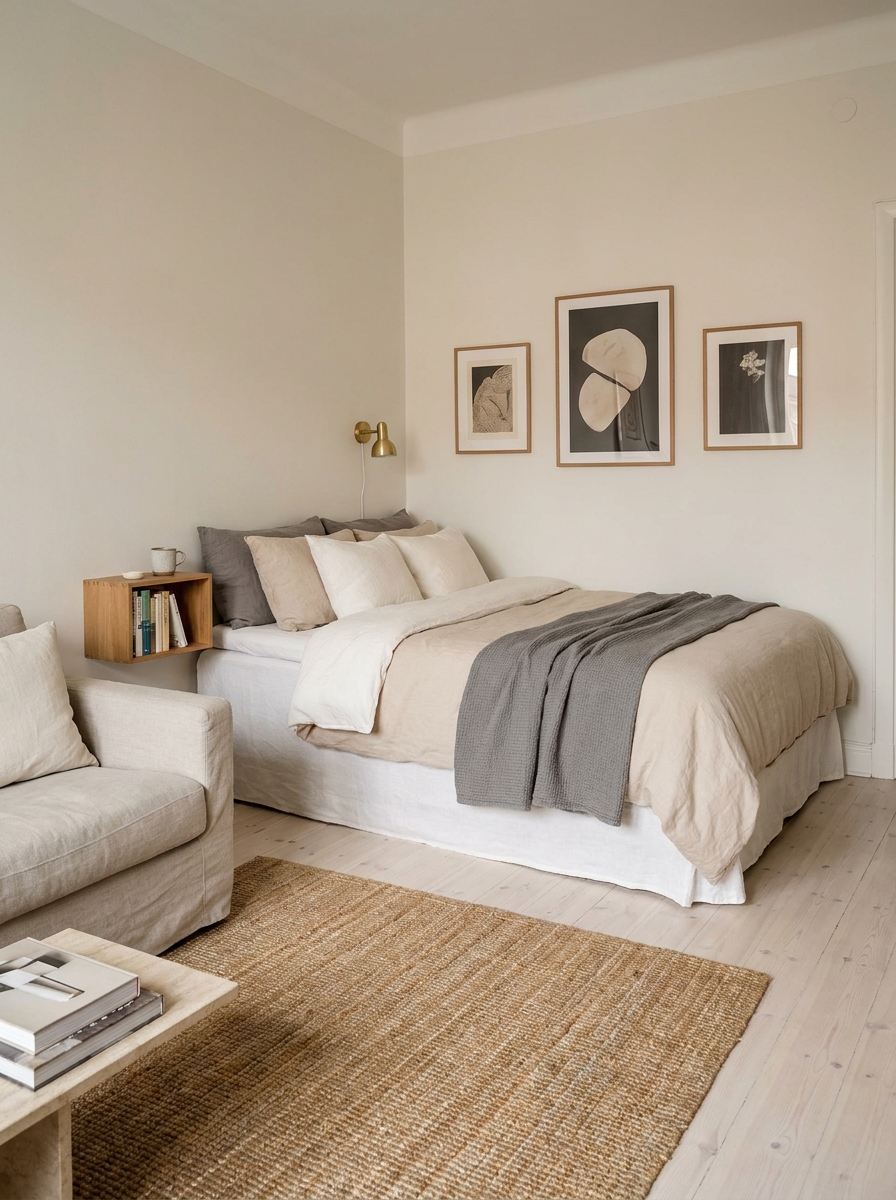 Small studio apartment with bed placed neatly in a corner, wall-mounted shelf, sconce, framed art, and living area in foreground