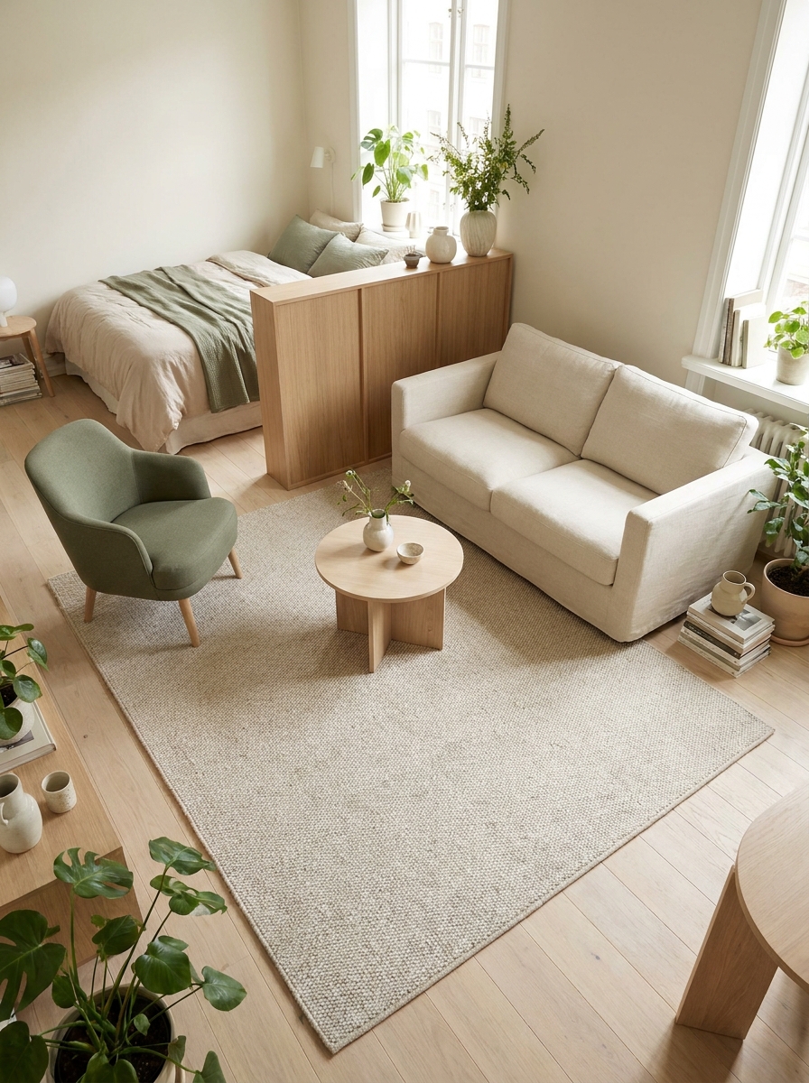 Studio apartment living area defined by a large light textured rug with compact sofa, round coffee table, accent chair, and nearby bed zone