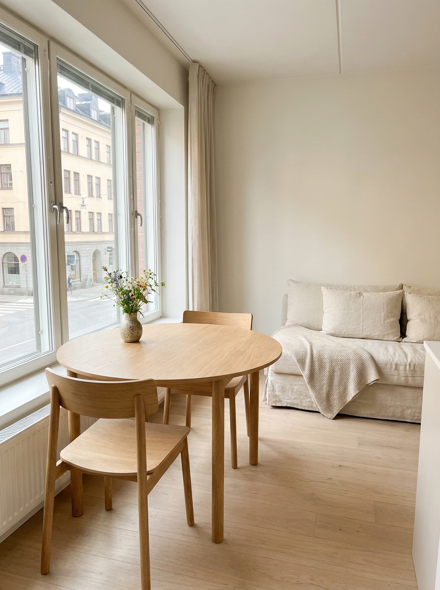 Studio apartment with small round light wood dining table, two chairs, window, kitchenette, and living area in background