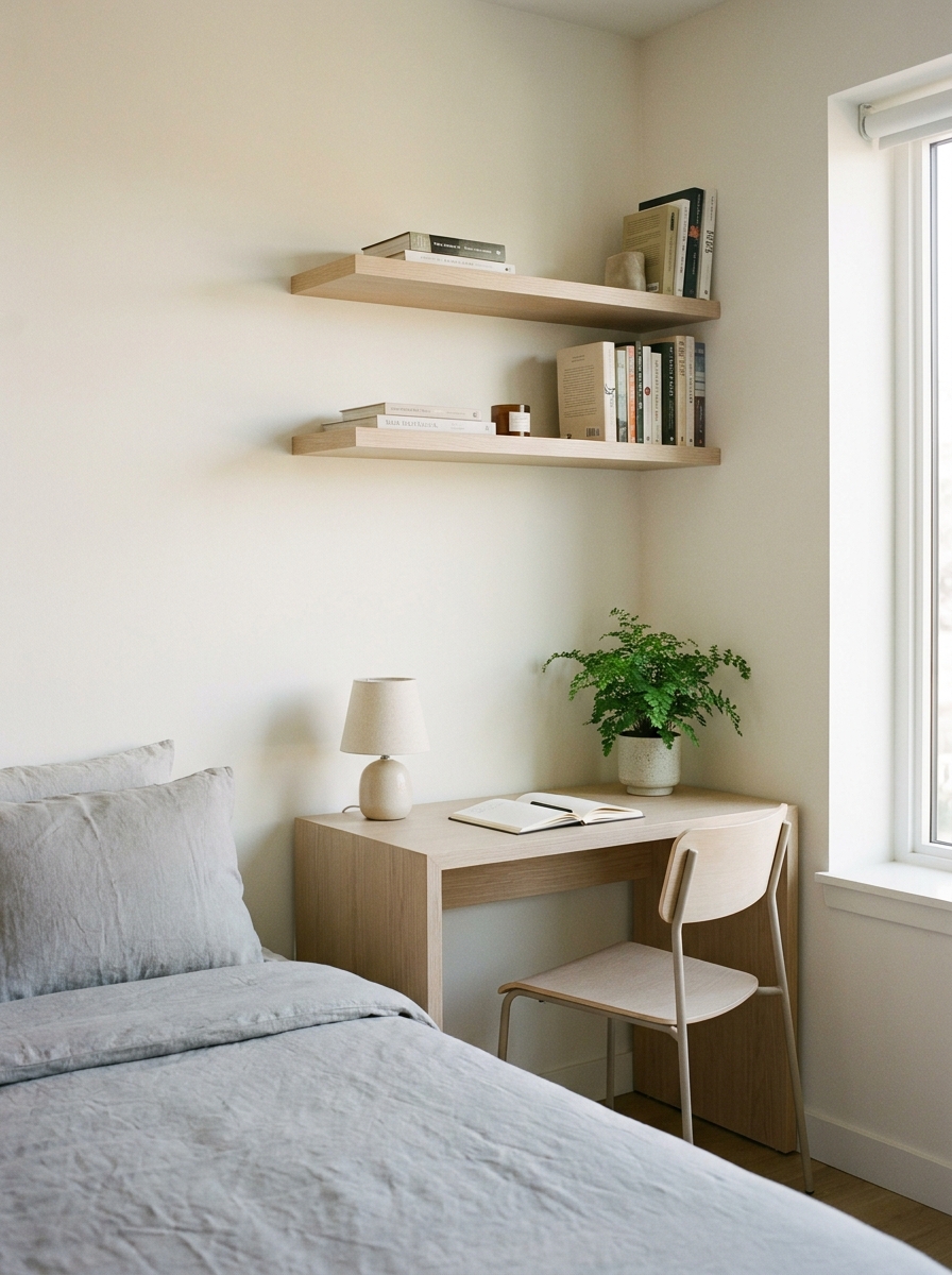 Compact desk zone in a studio apartment with narrow desk, chair, lamp, notebook, plant, shelves, and nearby sofa or bed