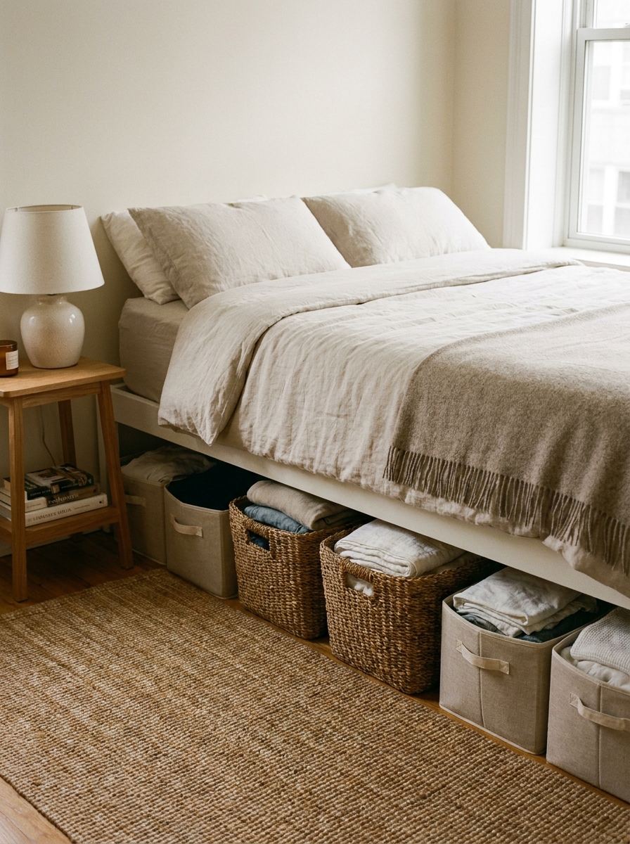 Studio apartment bed with woven baskets or fabric bins tucked underneath for organized under-bed storage