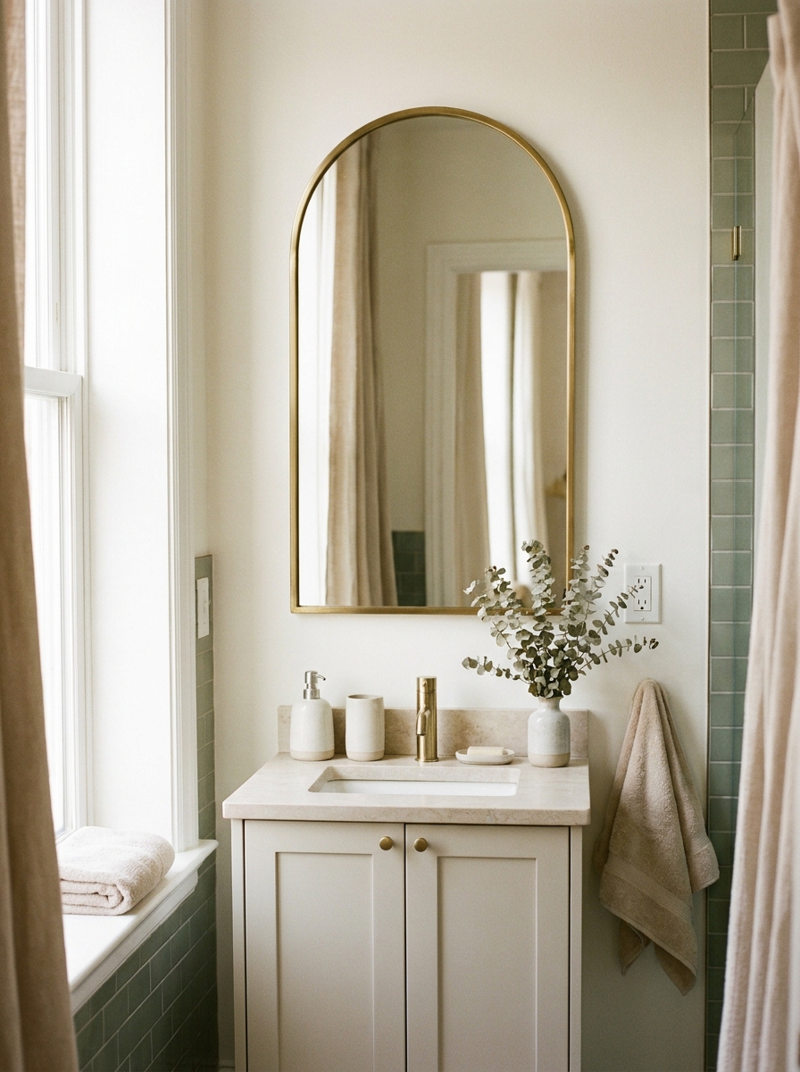 Stylish apartment bathroom with arched framed mirror, compact vanity, stone counter, ceramic dispensers, and soft daylight