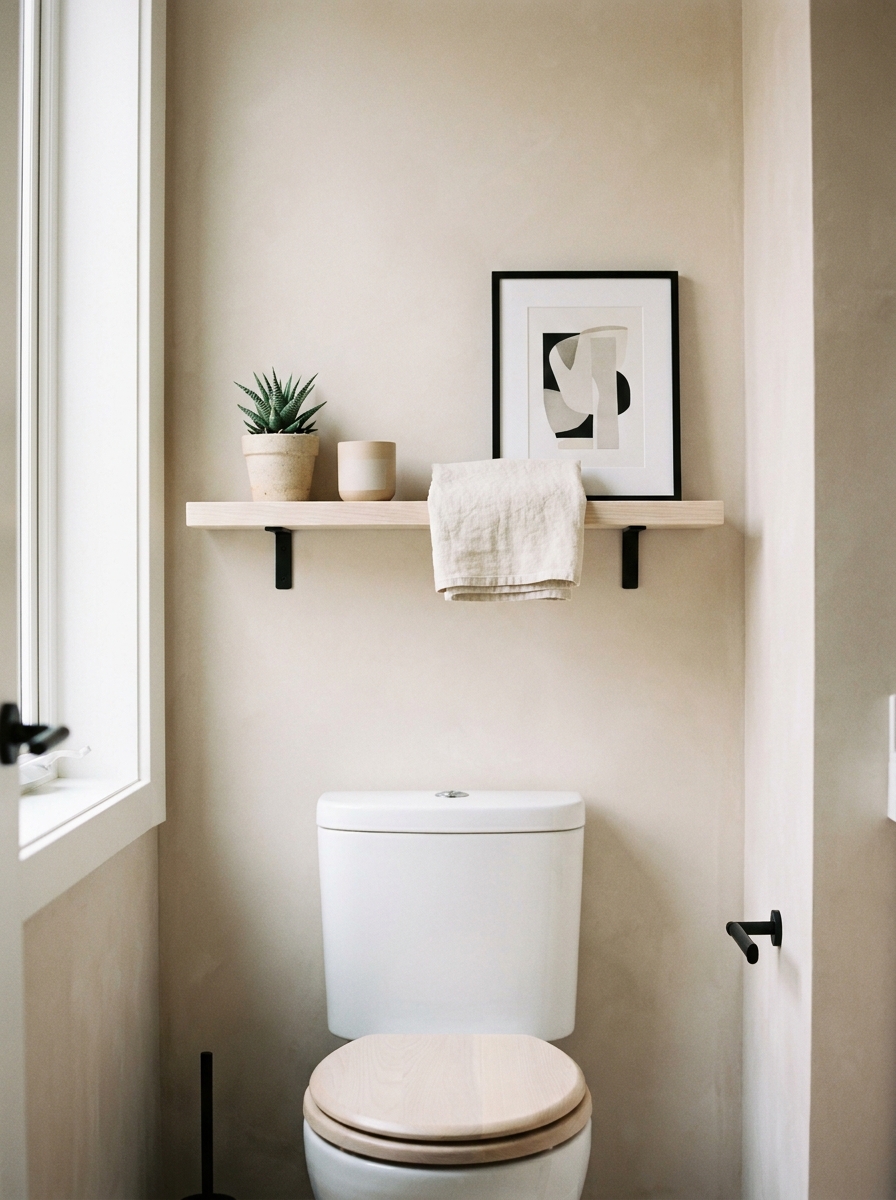 Apartment bathroom wall above toilet with narrow floating shelf, plant, candle, folded towel, framed print, or slim wall cabinet
