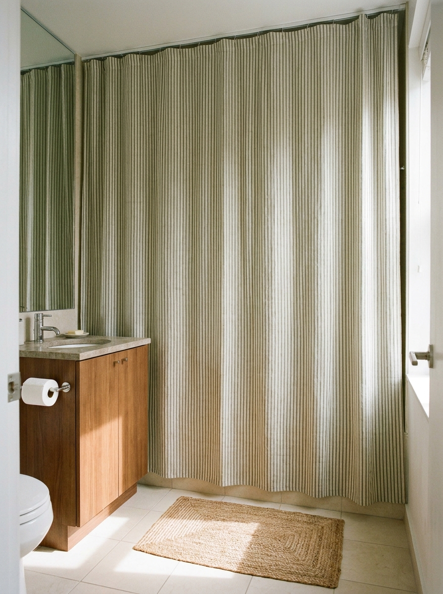 Small apartment bathroom with stylish linen-look shower curtain hung high, compact vanity, light tile, and simple bath mat