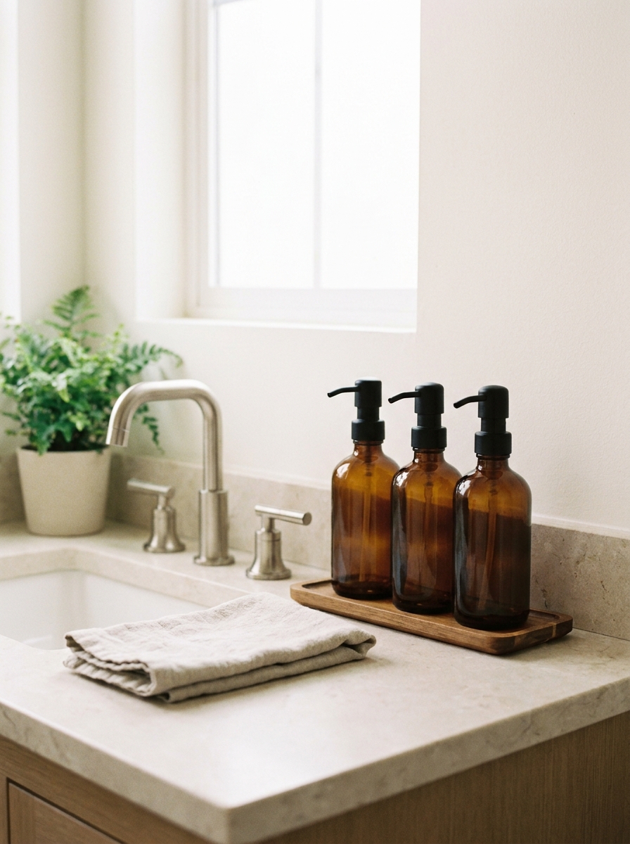 Close-up of matching amber glass or matte ceramic bathroom dispensers on small apartment vanity with towel and tray