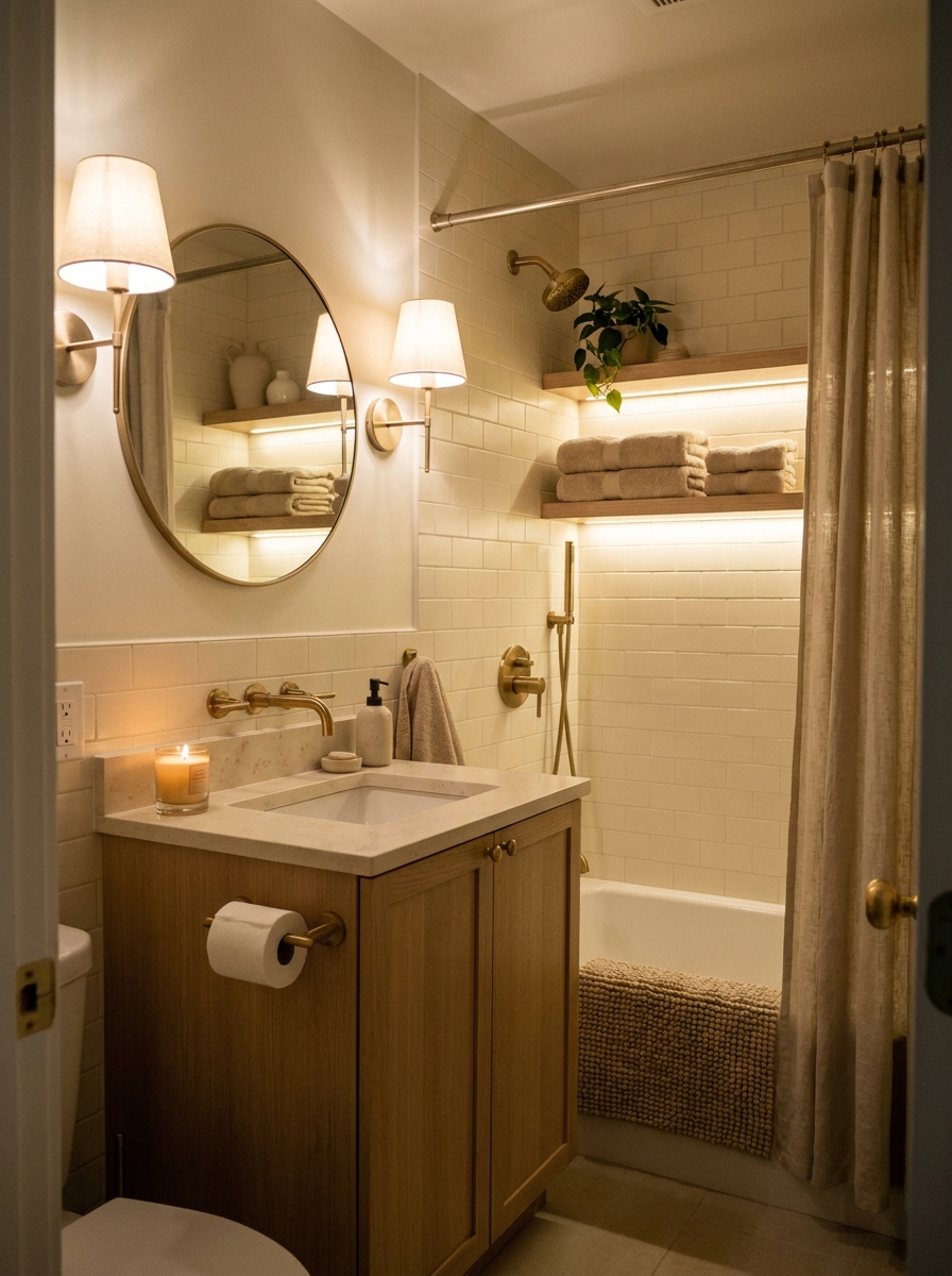 Evening apartment bathroom with warm sconces beside mirror, shelf lighting, candle, compact vanity, beige towels, and brass details