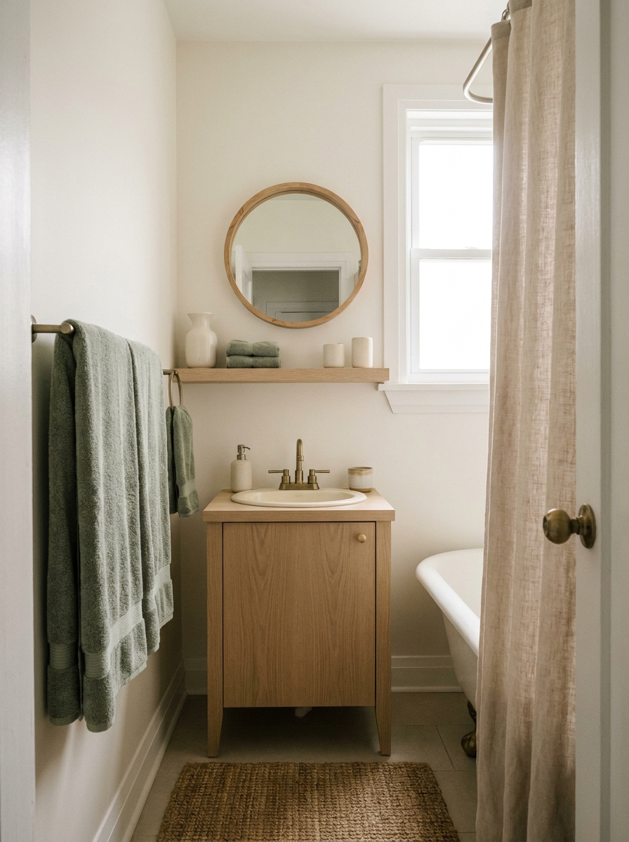 Small apartment bathroom with consistent warm white, muted sage, pale oak, cream ceramics, and soft beige shower curtain palette