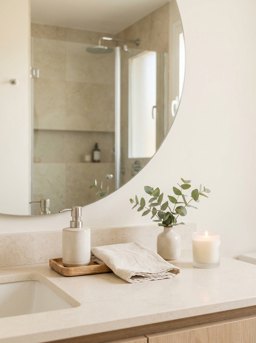 Clean spa-inspired apartment bathroom counter with tray, matching soap dispenser, folded towel, eucalyptus vase, candle, and mirror