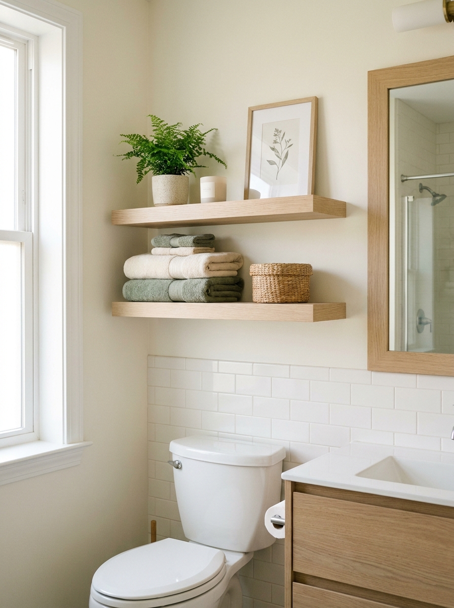 Apartment bathroom with two light wood floating shelves above toilet styled with towels, basket, plant, candle, and framed print