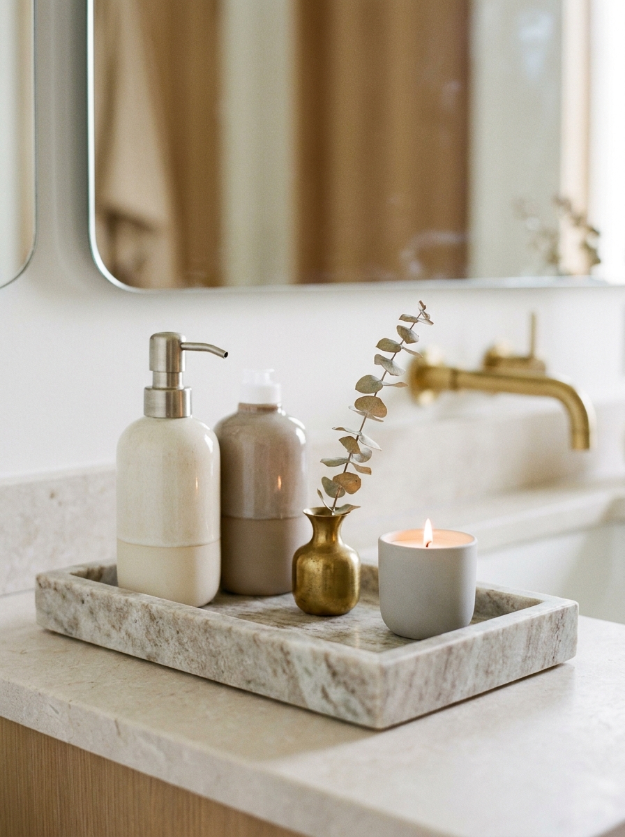 Close-up of apartment bathroom vanity tray with soap dispenser, lotion, tiny vase, candle, faucet, and mirror blur
