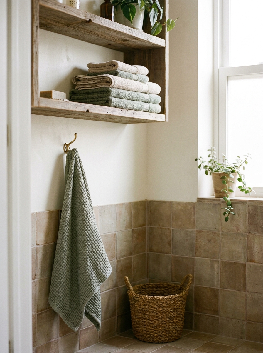 Small apartment bathroom with coordinated oatmeal and muted sage towels on shelf, brass hook, woven basket, and daylight
