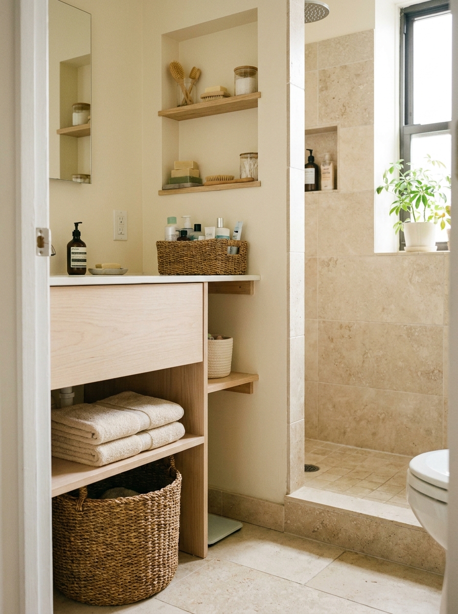 Compact apartment bathroom with woven basket storage under open vanity, smaller shelf basket, towels, and essentials