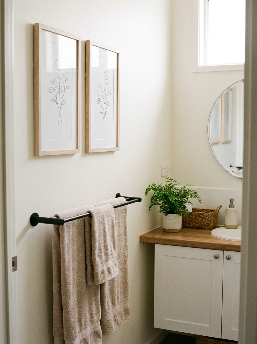 Apartment bathroom with renter-friendly framed botanical or abstract wall art above towel rail or toilet and compact vanity nearby