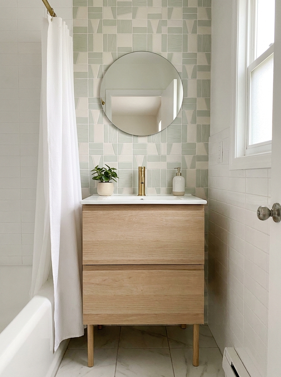 Rental apartment bathroom with subtle peel-and-stick backsplash behind compact vanity, mirror, faucet, and minimal counter decor