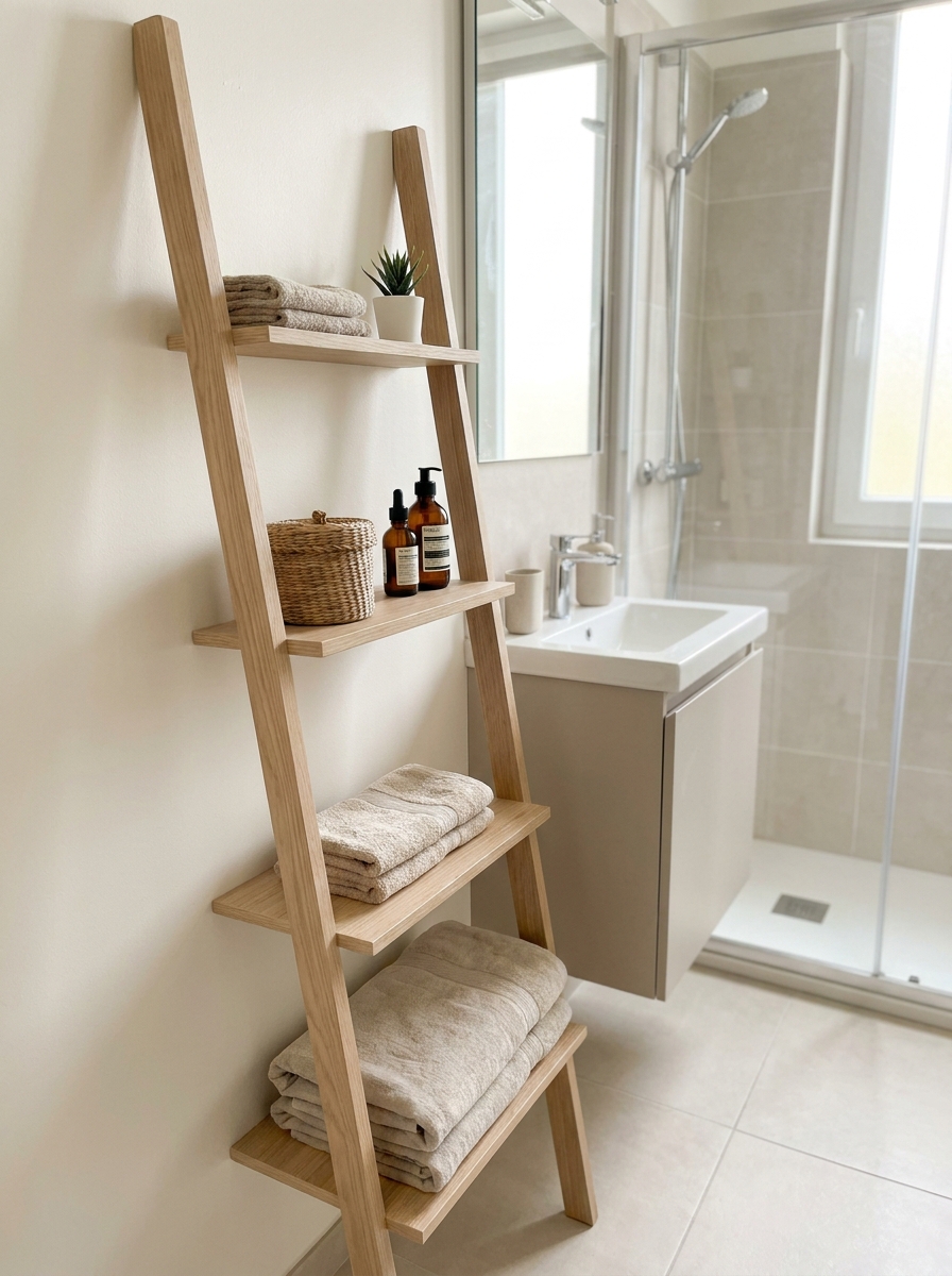 Small apartment bathroom with slim light wood ladder shelf holding towels, basket, skincare bottles, and tiny plant