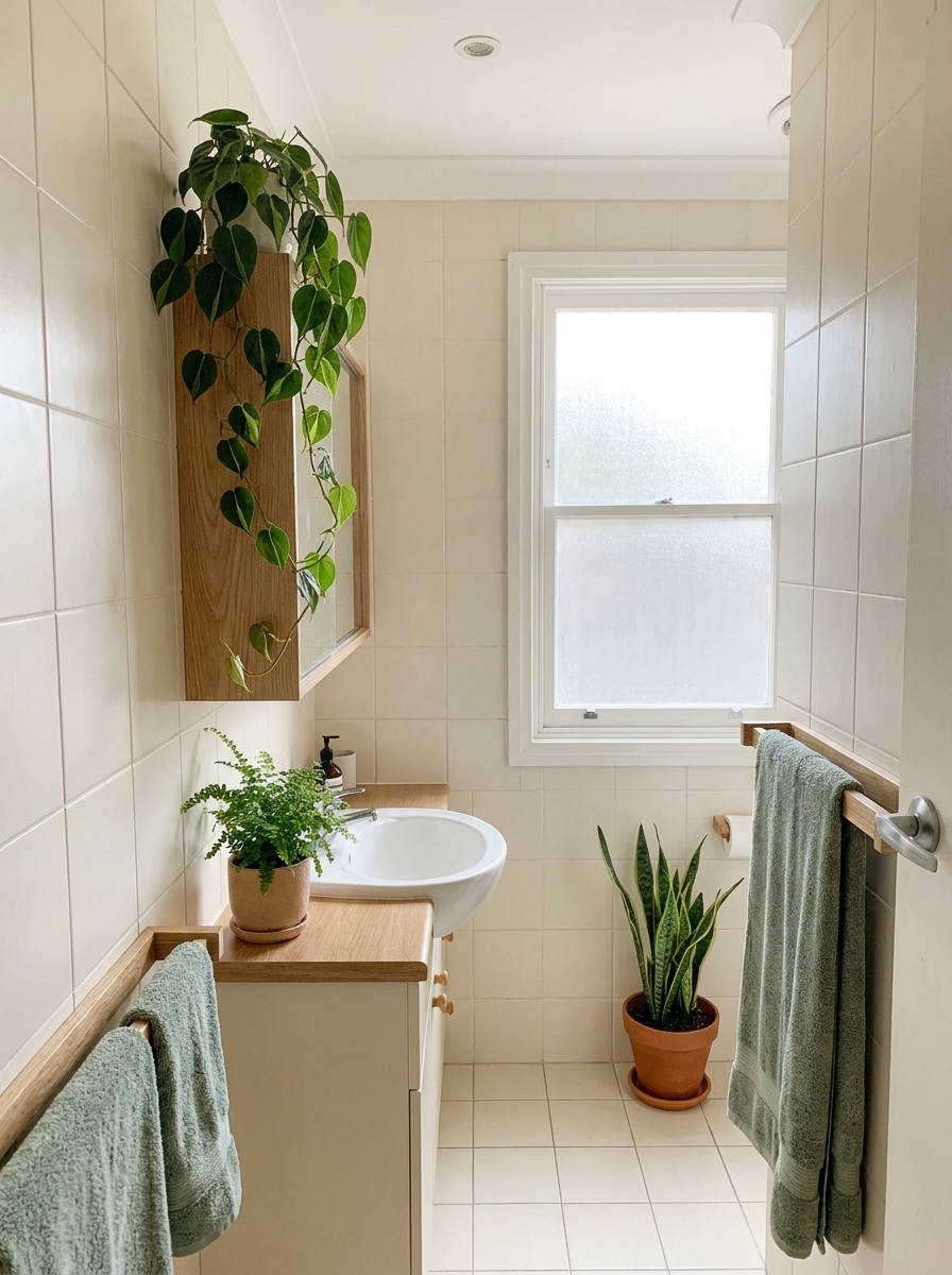 Small apartment bathroom with trailing plant on shelf, leafy plant beside sink, plant near frosted window, and sage towels