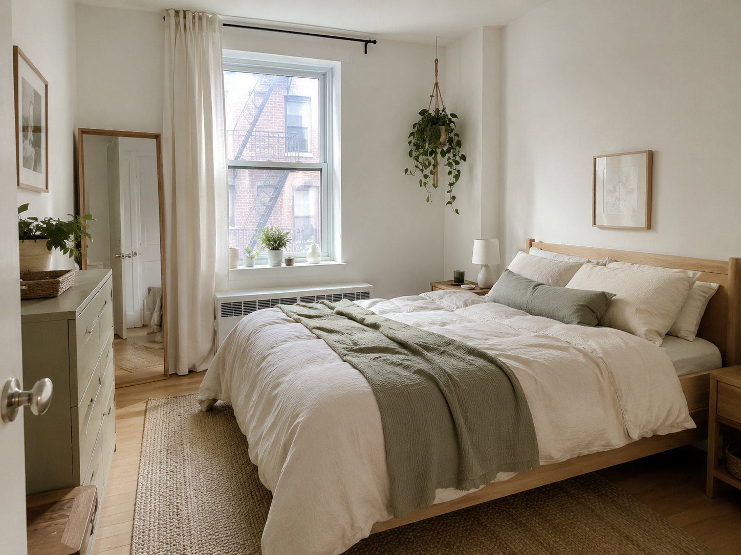 Small apartment bedroom with soft white walls, pale beige bedding, light oak bed frame, muted sage accents, simple rug, and airy daylight