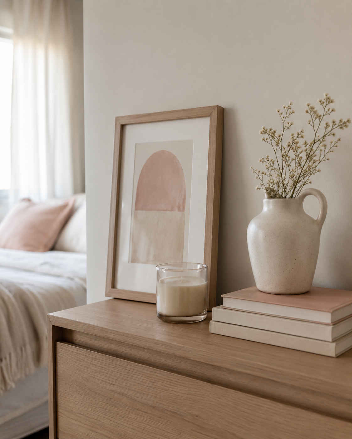 Apartment bedroom dresser or shelf with one framed print, candle, ceramic vase, books, and softly blurred neutral bedroom background