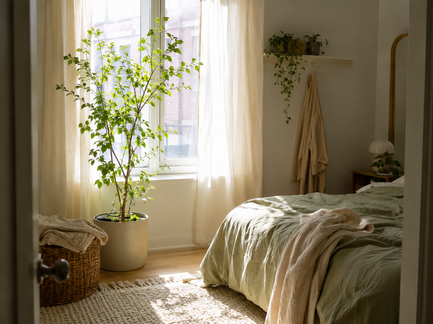 Apartment bedroom with a leafy plant near a sunlit window, soft curtains, compact bed, light rug, stool, and basket