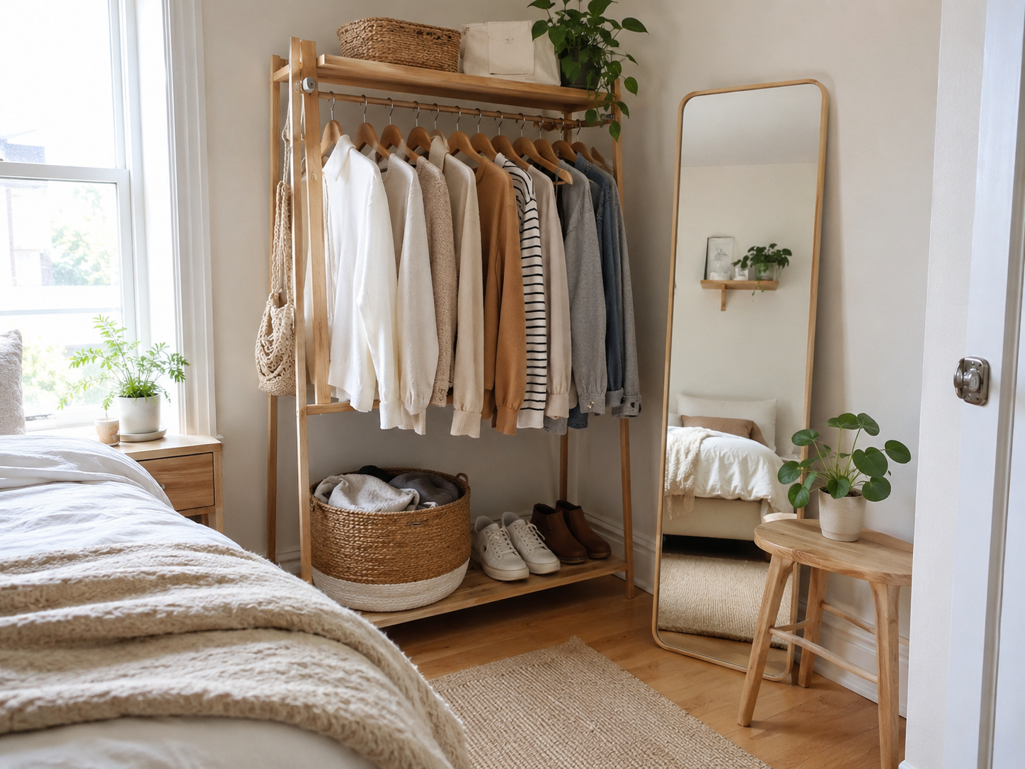 Apartment bedroom closet corner with open clothing rack or closet, neutral clothing, matching hangers, basket, stool, and mirror