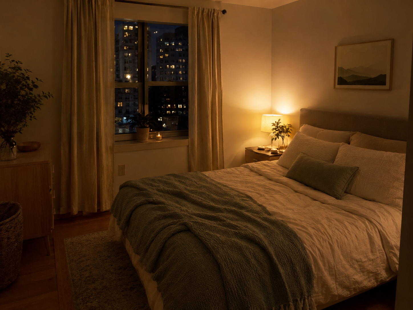 Evening apartment bedroom with compact bed, glowing bedside lamp, warm shadows, small nightstand, and cozy atmosphere