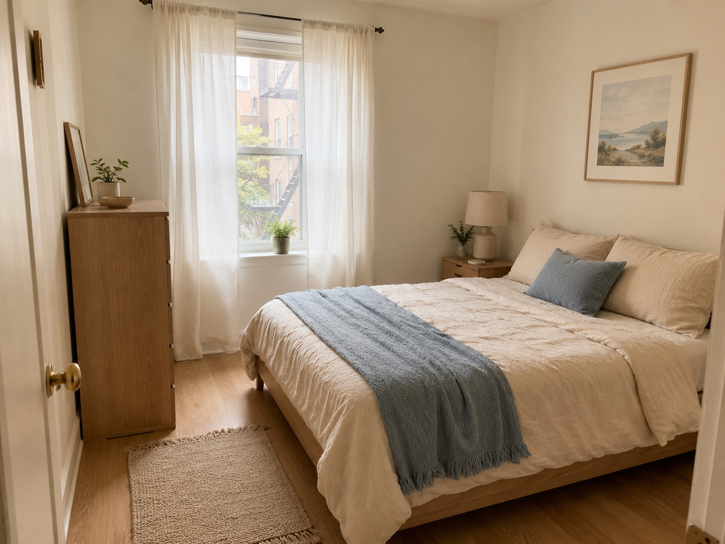 Wide view of small apartment bedroom with compact bed, nightstand, narrow dresser, light curtains, rug, and open walking space