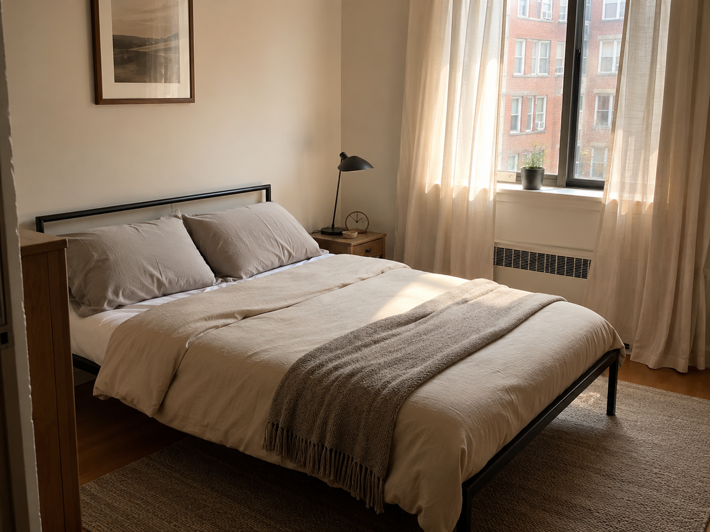 Small apartment bedroom with a compact low-profile bed, neutral bedding, slim headboard, narrow nightstand, and soft curtains