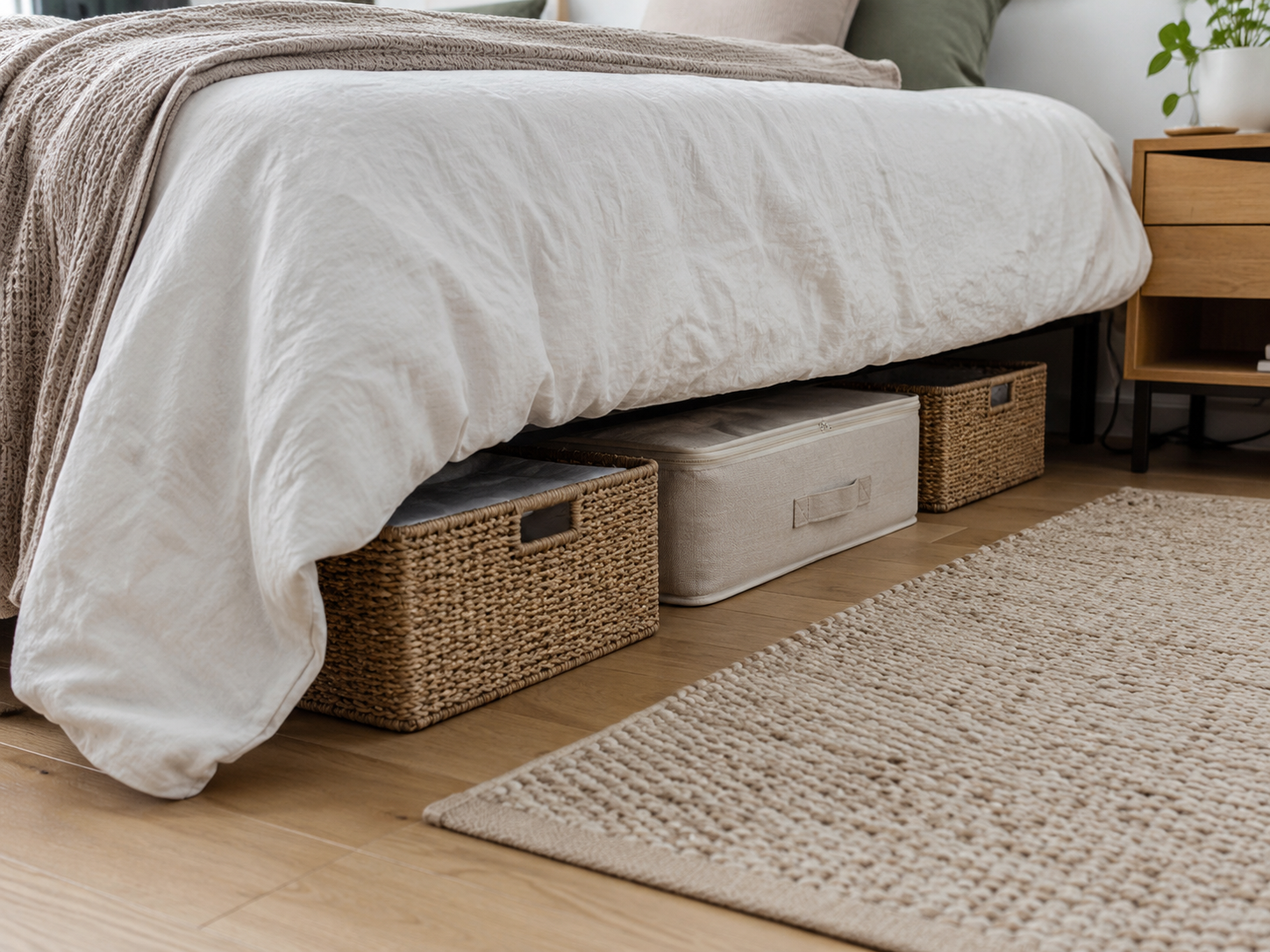 Lower half of apartment bedroom bed with soft bedding and storage baskets or flat boxes neatly placed underneath
