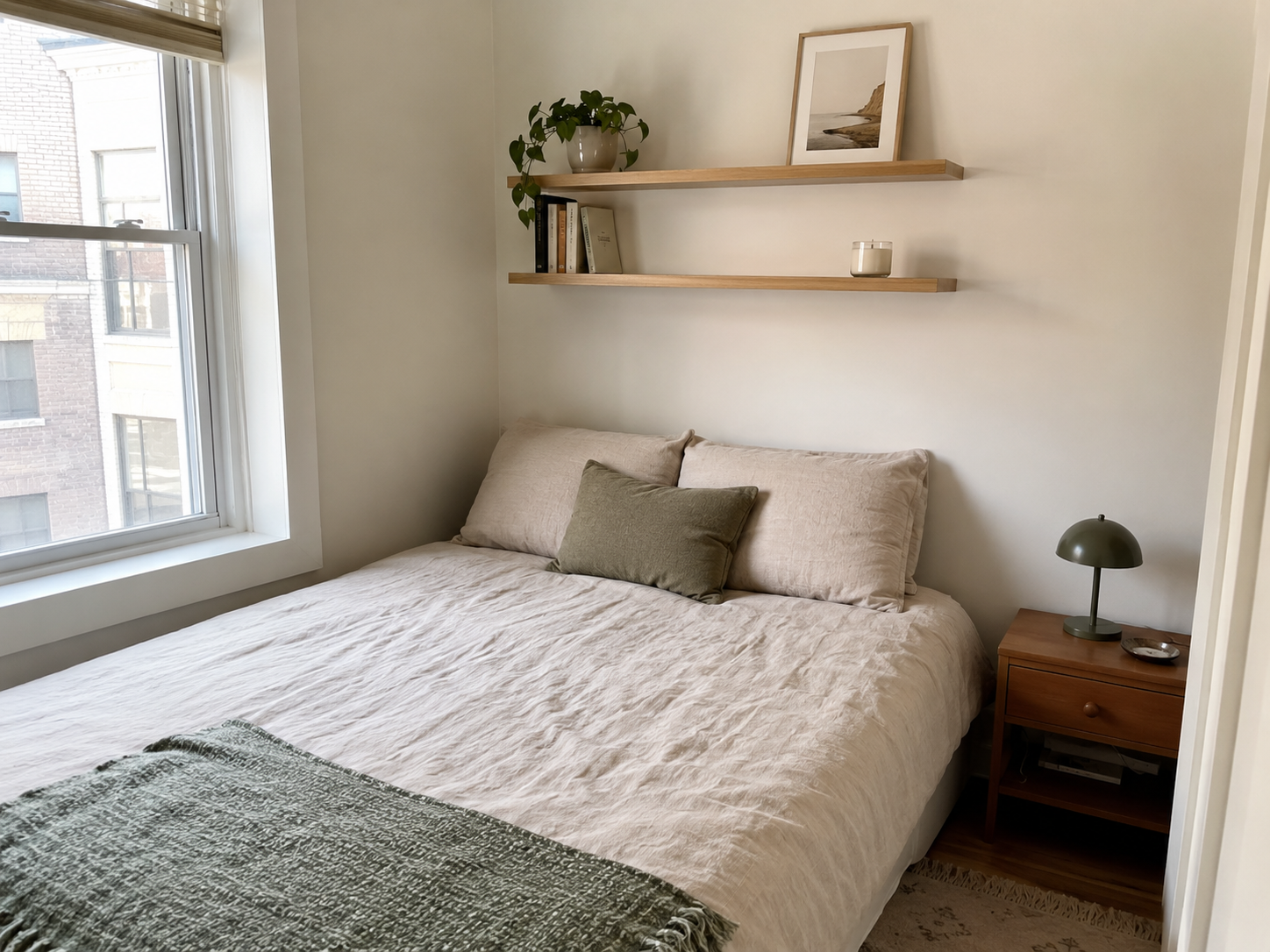 Apartment bedroom with slim floating shelves above a compact bed styled with books, plant, candle, and framed print