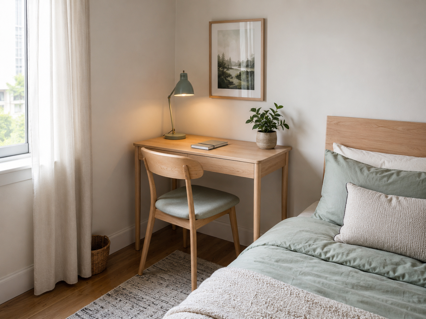 Apartment bedroom with a narrow desk in the corner, simple chair, desk lamp, notebook, plant, and bed in the frame