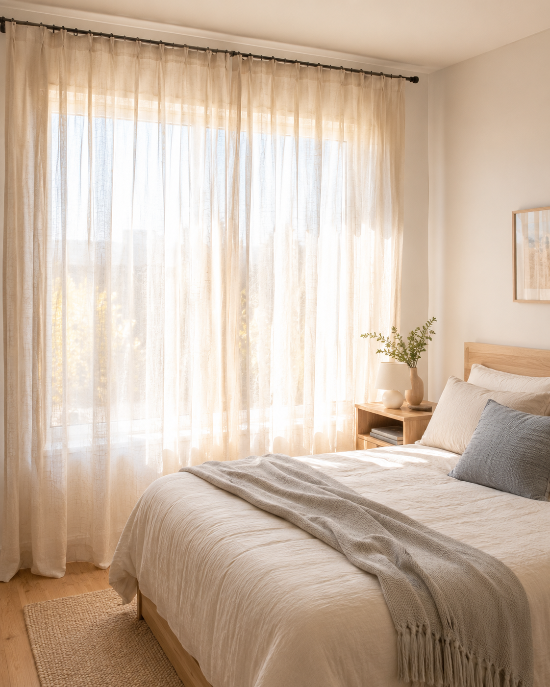 Apartment bedroom with cream or off-white linen curtains hung close to the ceiling, light bedding, and narrow nightstand