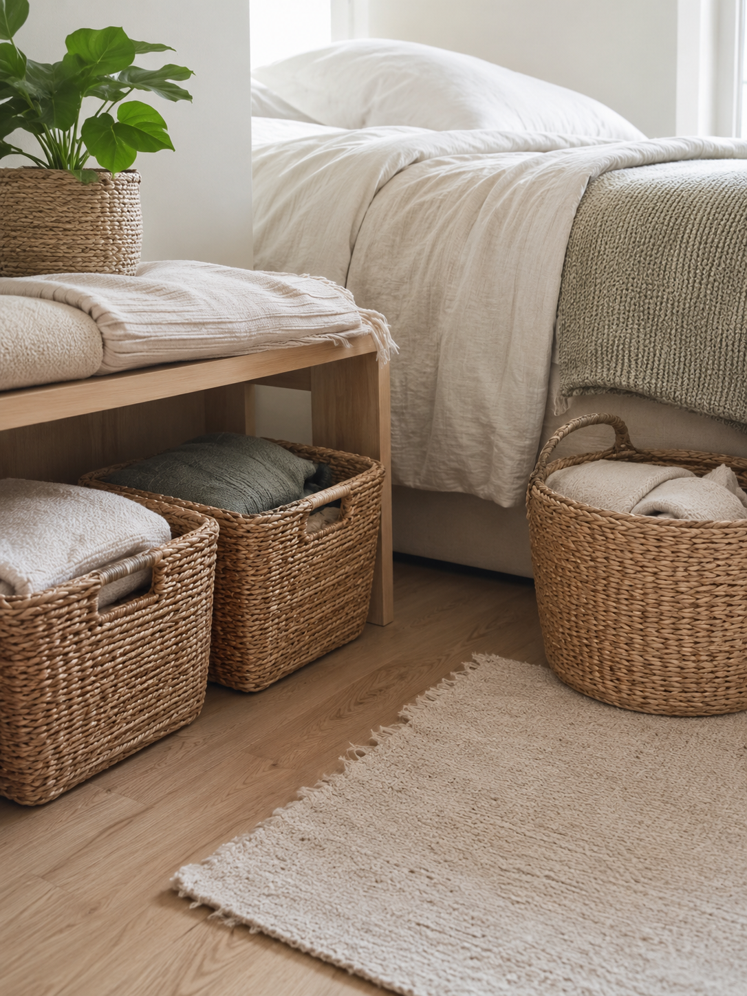 Apartment bedroom detail with woven baskets beside a bed or under a bench, textured rug, light wood floor, and neutral bedding