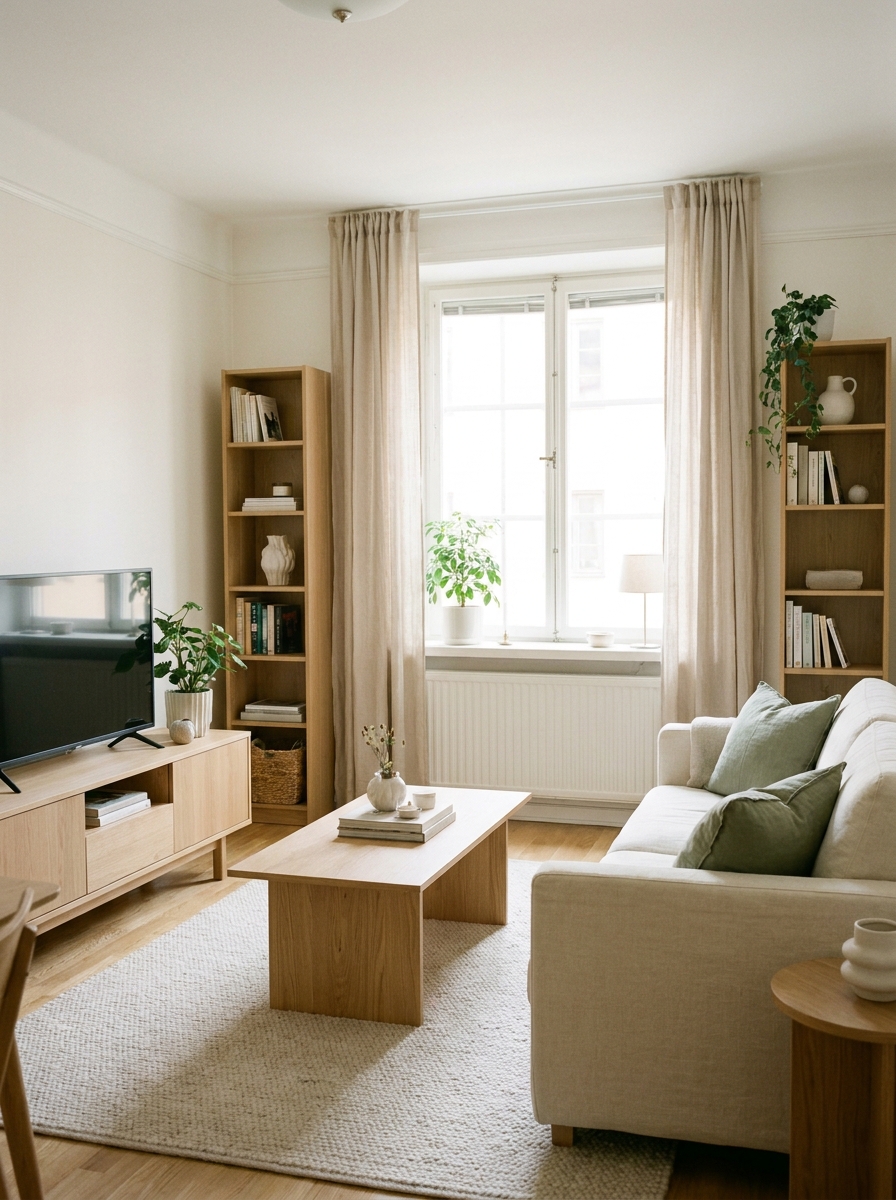 Small apartment living room with warm white walls, cream sofa, pale oak furniture, beige curtains, light rug, and muted sage pillows