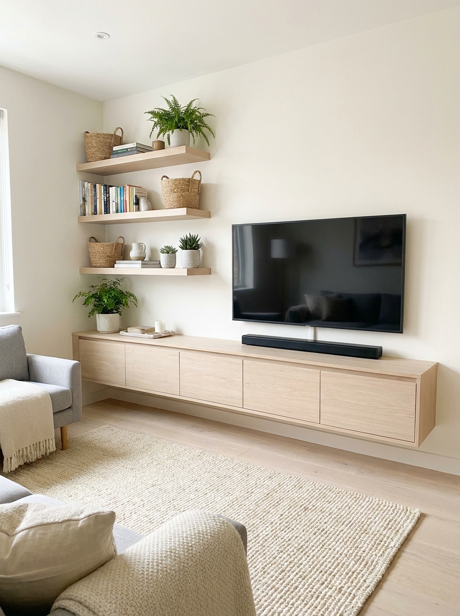 Small apartment with wall-mounted storage, floating media console, TV, wall shelves, books, baskets, and plants