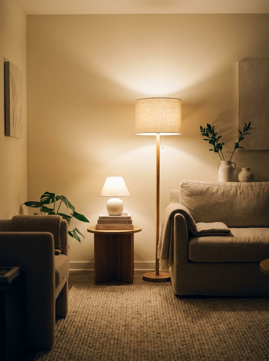 Small apartment living room in the evening with floor lamp, table lamp, cream walls, textured rug, and soft neutral decor