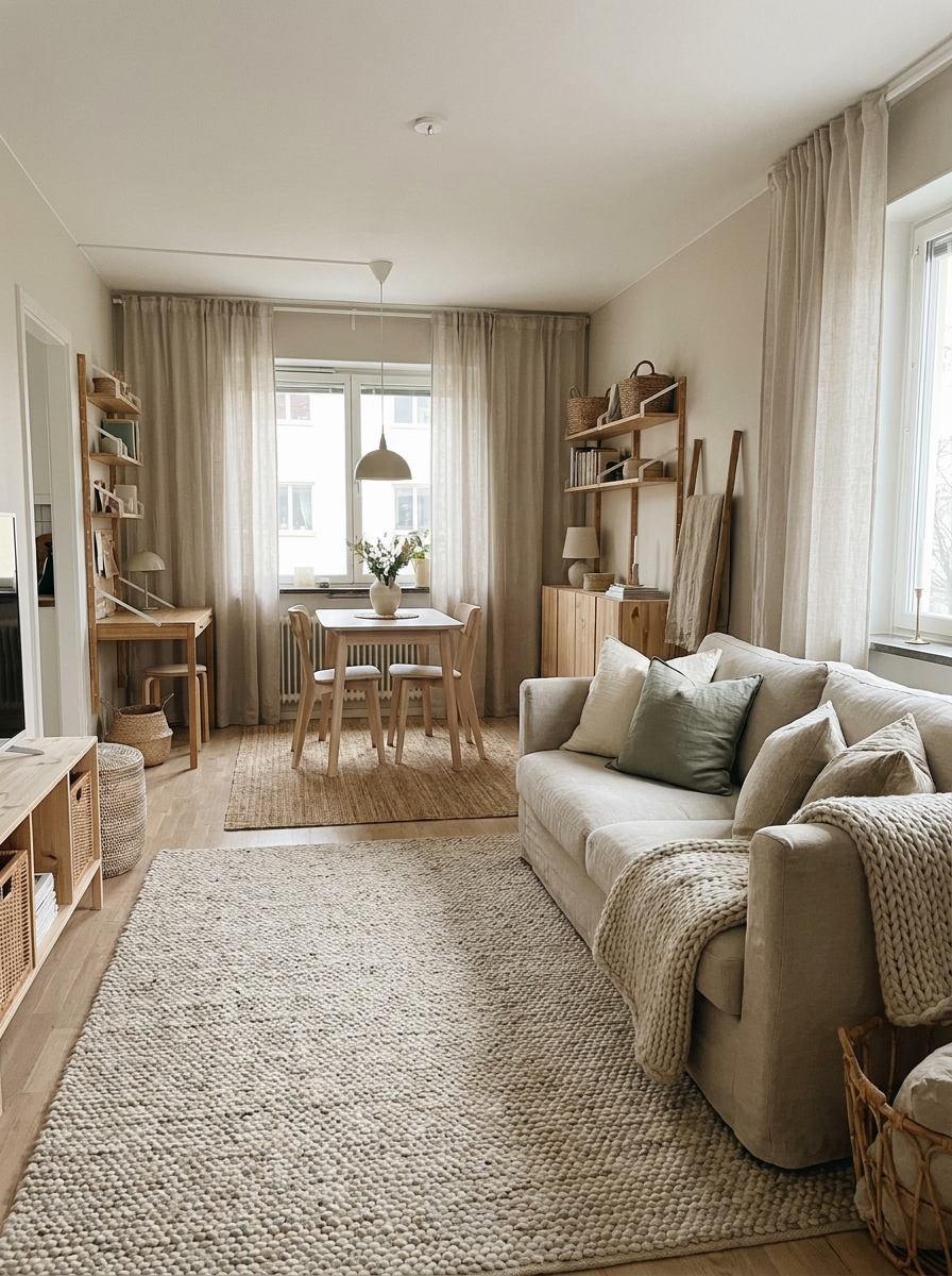Small open-plan apartment with textured rug, sofa pillows, throw blanket, curtains, and nearby dining or desk area