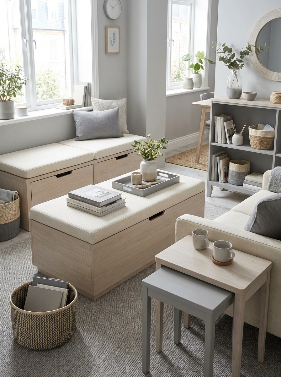 Small apartment living room with storage ottoman, nesting side tables, compact sofa, and bench with hidden storage under a window