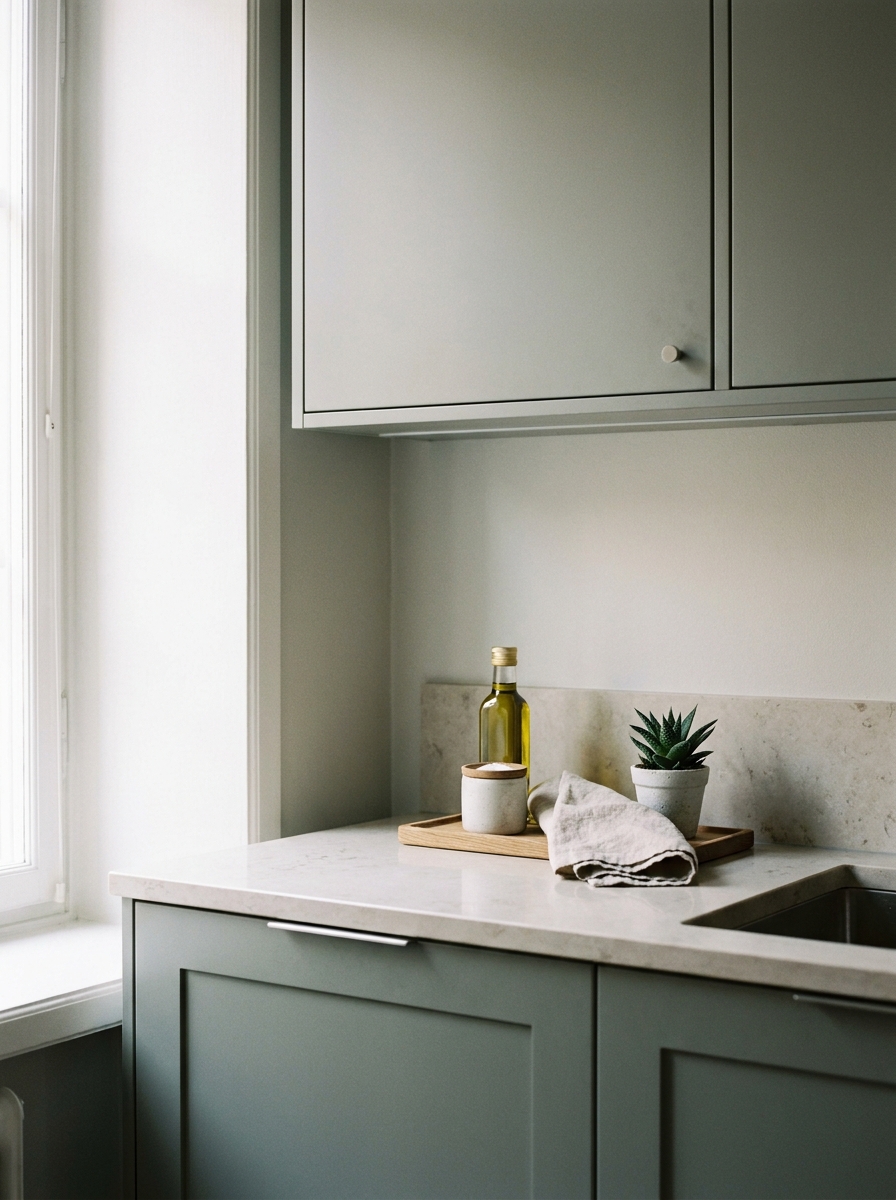 Small apartment kitchen counter with tray, olive oil, ceramic jar, folded towel, small plant, compact cabinets, and natural light
