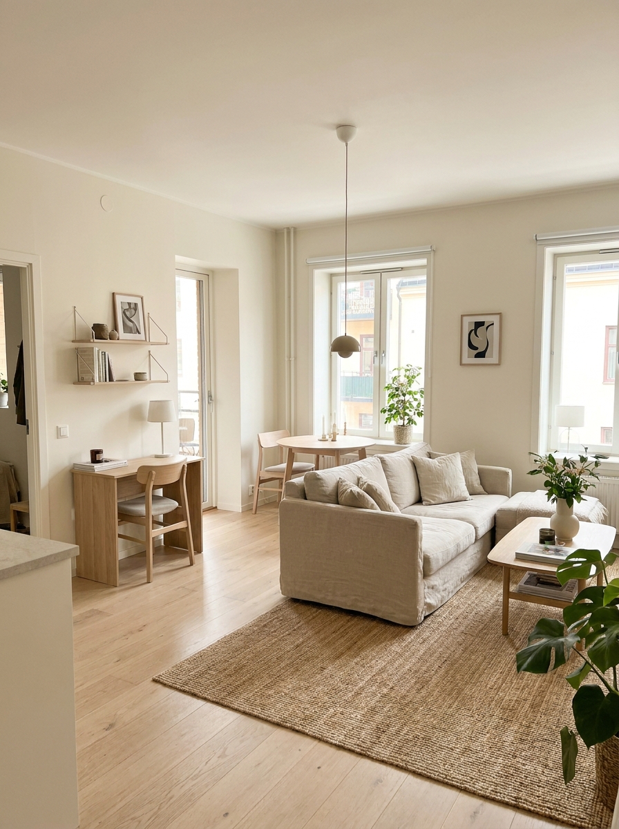 Small open-plan apartment with living area, sofa, rug, small dining table near kitchen, compact desk, and defined zones