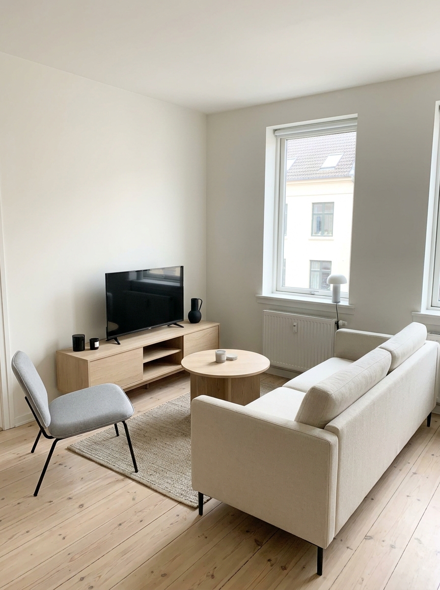 Small apartment living room with slim sofa, small round coffee table, lightweight accent chair, and simple media console