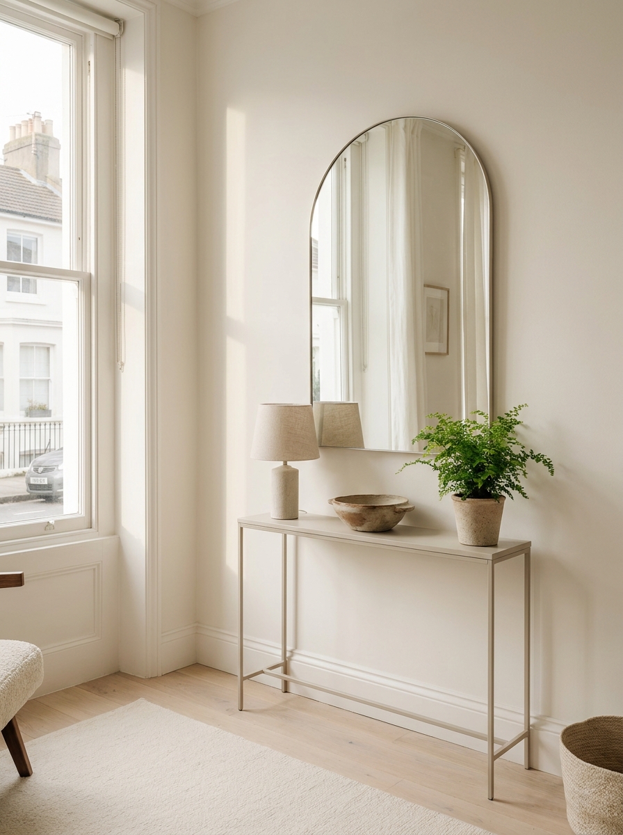 Small apartment console area with arched mirror reflecting daylight, lamp, ceramic bowl, plant, and pale wood flooring