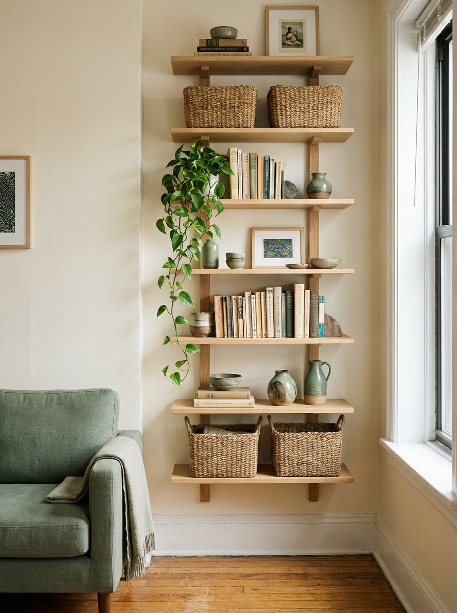 Small apartment wall with vertical shelf storage, books, woven baskets, ceramics, plant, framed art, and compact chair nearby