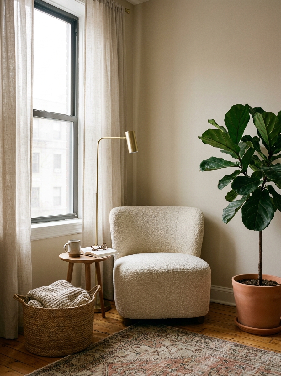 Small apartment reading corner with compact cream chair, window, slim floor lamp, tiny side table, woven basket, blanket, and plant