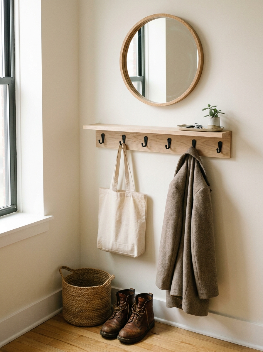 Tiny apartment entryway with wall-mounted shelf, hooks, round mirror, woven basket, shoes, and ceramic key tray