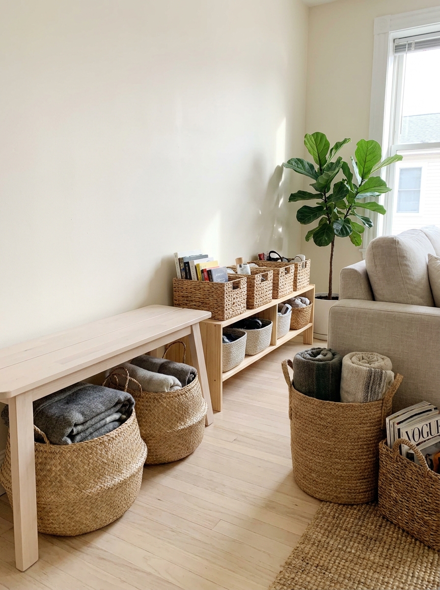 Small apartment corner with woven storage baskets under a bench, beside a sofa, and on a low shelf